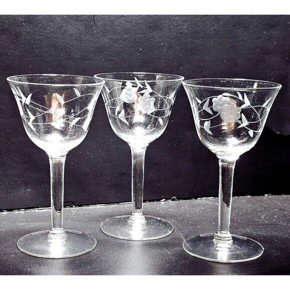 3 Vintage Floral Cocktail Glasses 5" etched Crystal coupe nostalgia Nick Nora - Picture 7 of 8